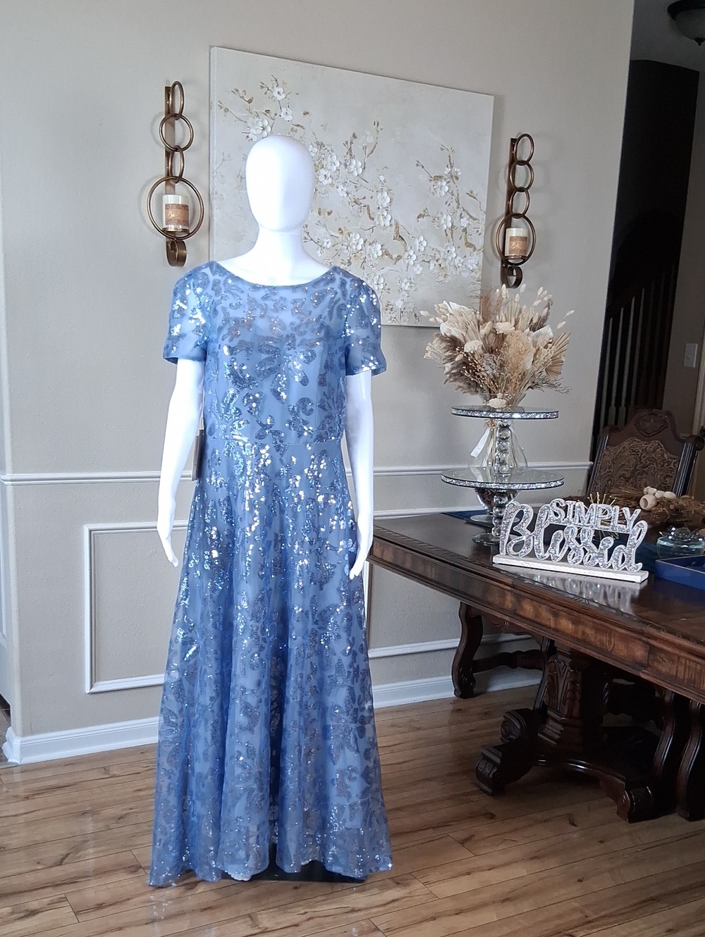New Women's Dusty Blue Sequin Lace Evening Formal High Low Dress Size 14 - Picture 4 of 16